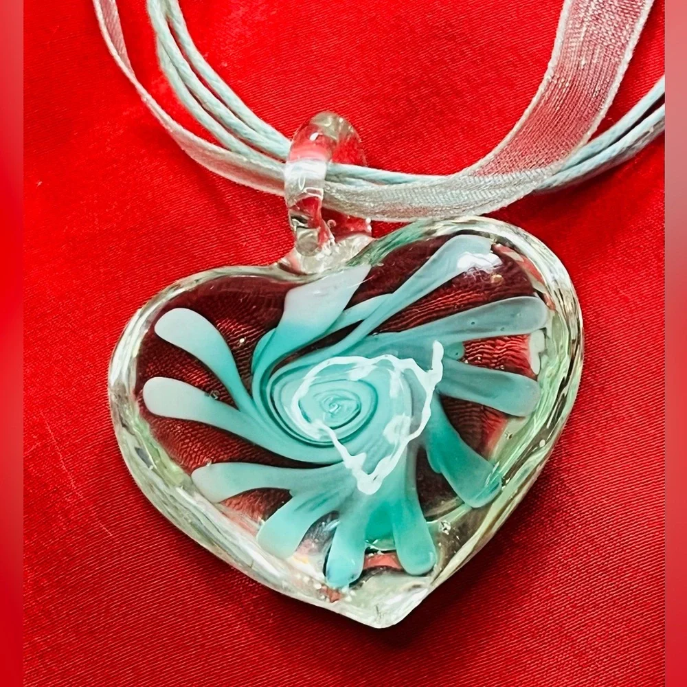 Lot of 2 Vintage Murano Glass Heart Pendant Necklaces 90s style